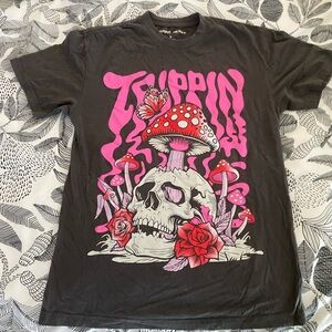 Black Skull Mushroom Graphic Tee with Pink Accents